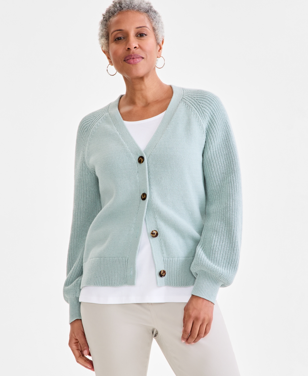 Women's Mixed Stitch Cotton Cardigan Sweater, Exclusively at Macy's - Dusty Jade