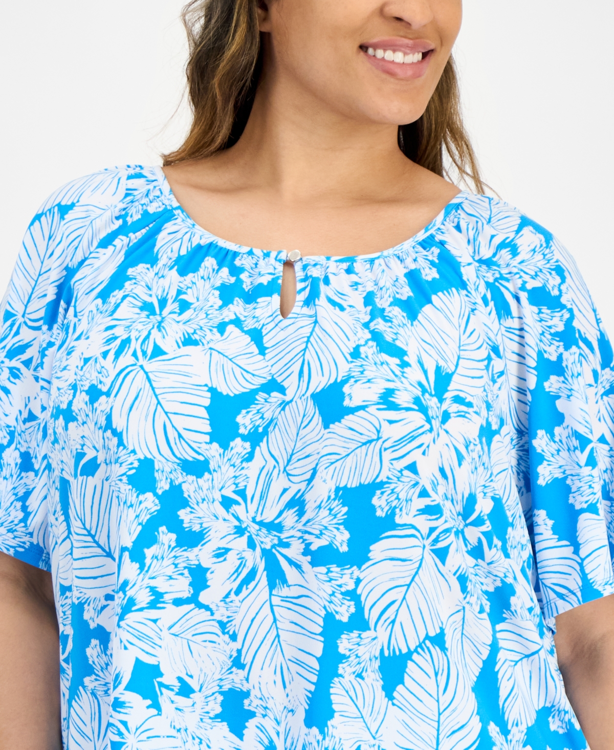 Ak Anne Klein Plus Size Printed Gathered Keyhole-neck Top In Tropical Blue,bright Wite