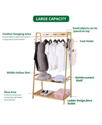 Bamboo Clothes Rail Stand Garment Storage Rack with Shoe Shelf for Bedroom and Living Room