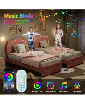 Twin Upholstered Smart LED Bed Frame with Adjustable Bear Headboard, Storage Drawer, Velvet Princess Platform Bed Frame for Kids/Girls, Wooden Slats Support, No Box Spring Needed