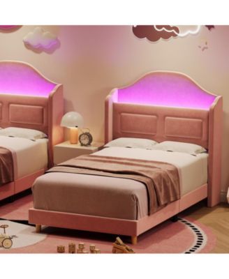 Upholstered Twin Bed Frame with LED Lights, Velvet Platform Bed Frame with Wing Back Storage Headboard, Wood Slats Support, No Box Spring Needed, Easy Assembly