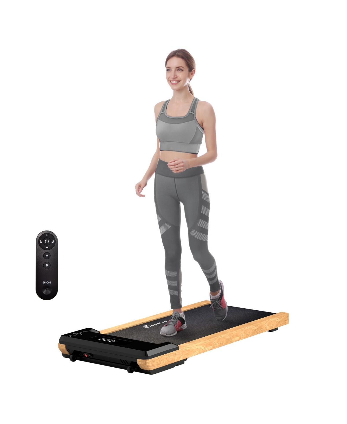 Wood Walking Pad Under Desk Treadmill with Remote Control, Wheels - Black and natural