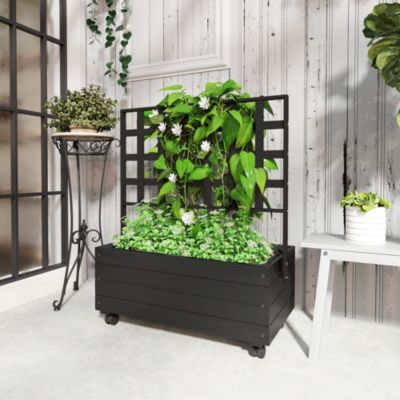 Outdoor Planter with Trellis and Wheels Wooden Raised Planter Box