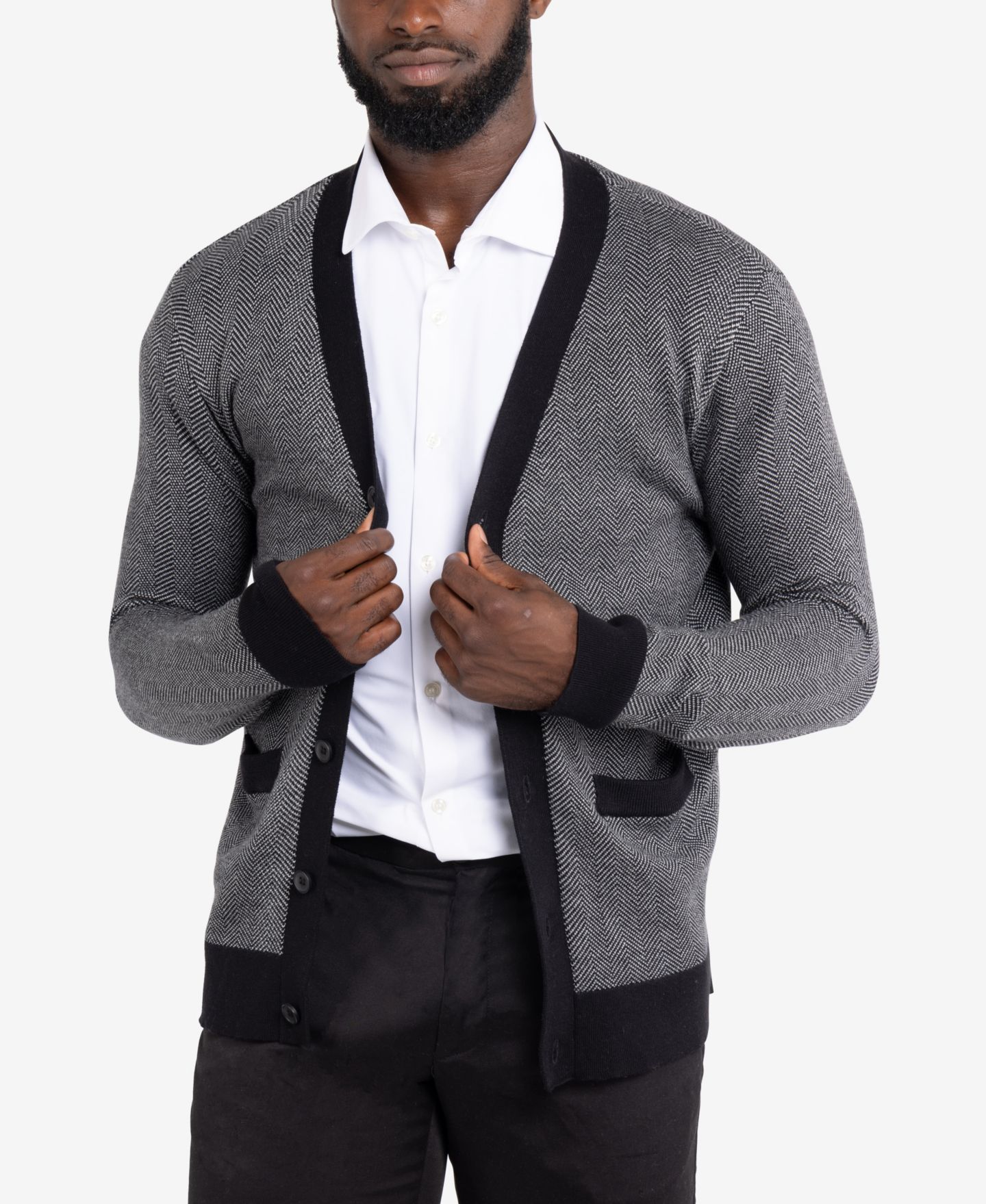 Мужской кардиган X-Ray Herringbone Cardigan, цвет: Молочный белый / Чёрный — фото 5