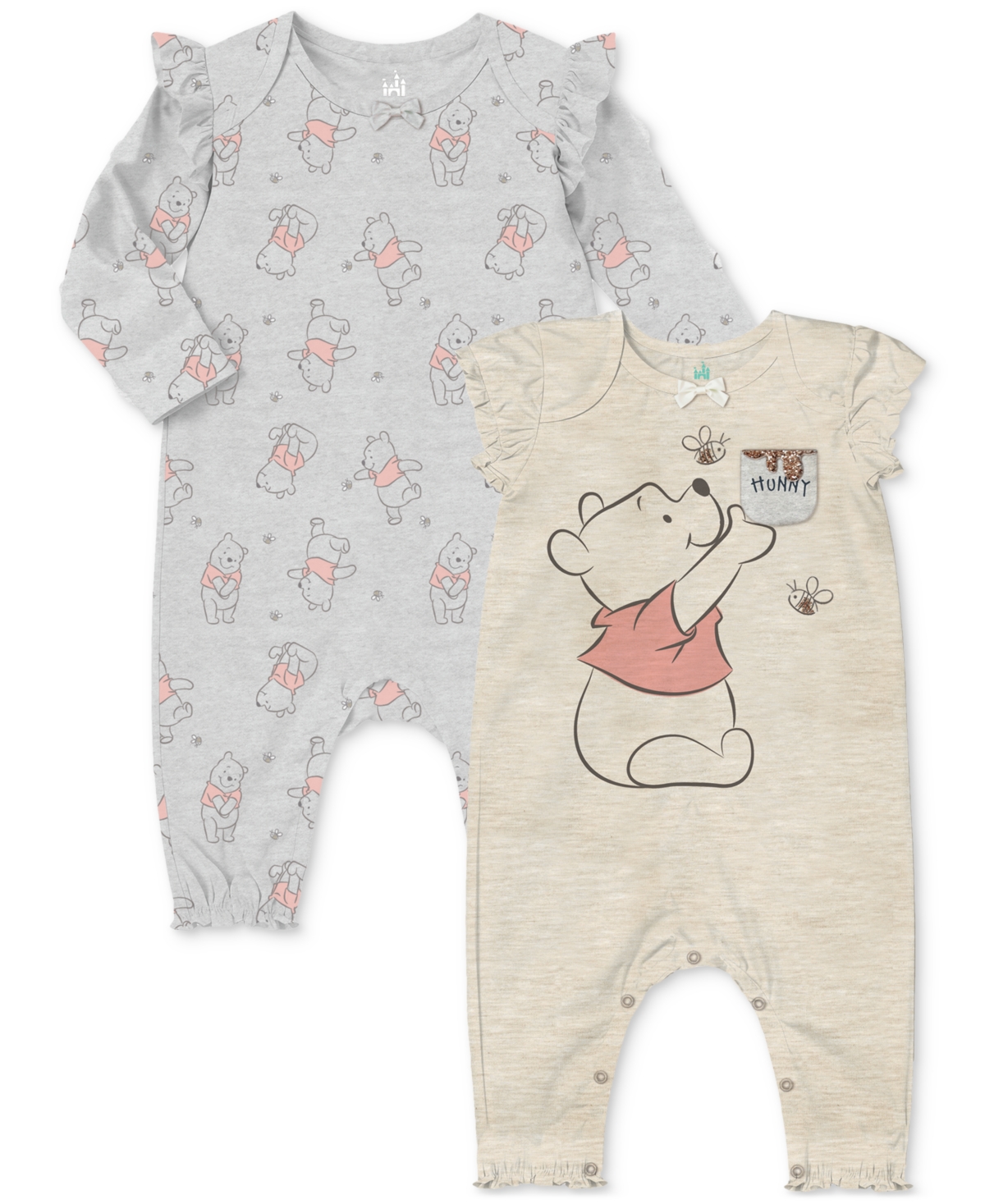 Disney Baby Winnie-the-pooh Long-sleeve Coverall & Short-sleeve Romper, 2 Pack In Light Gray