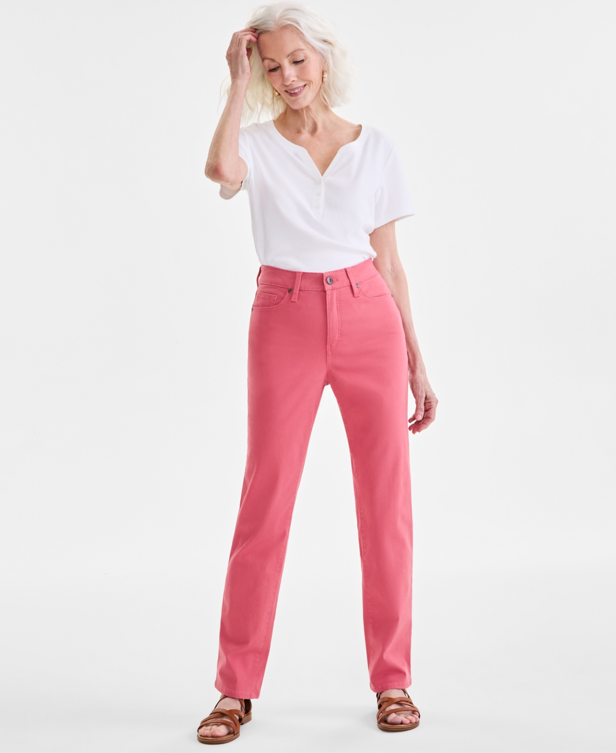 Women's Straight-Leg High Rise Twill Pants, Created for Macy's - Red Granite