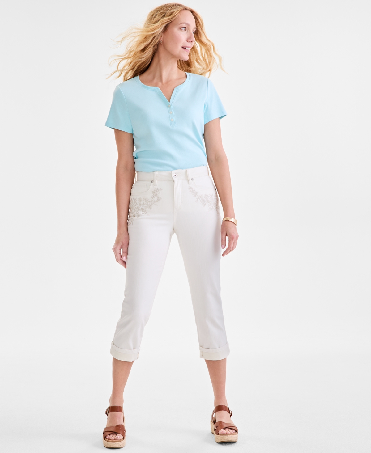 Petite Mid-Rise Curvy Roll-Cuff Capri Jeans, Created for Macy's - Corinne Embellished