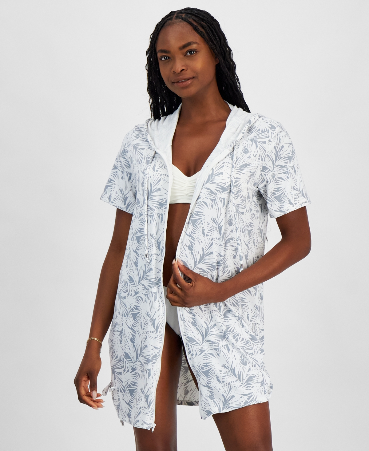 Women's Hooded Zip-Front Side-Shirred Swim Cover-Up - Gray/White