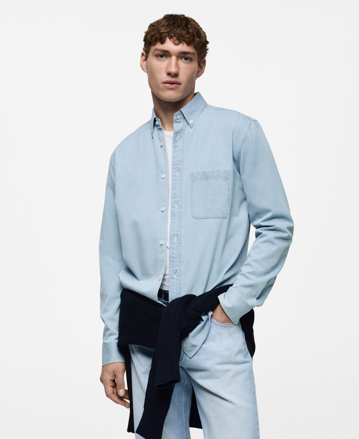 Men's Slim-Fit Denim Pocket Shirt - Light Blue