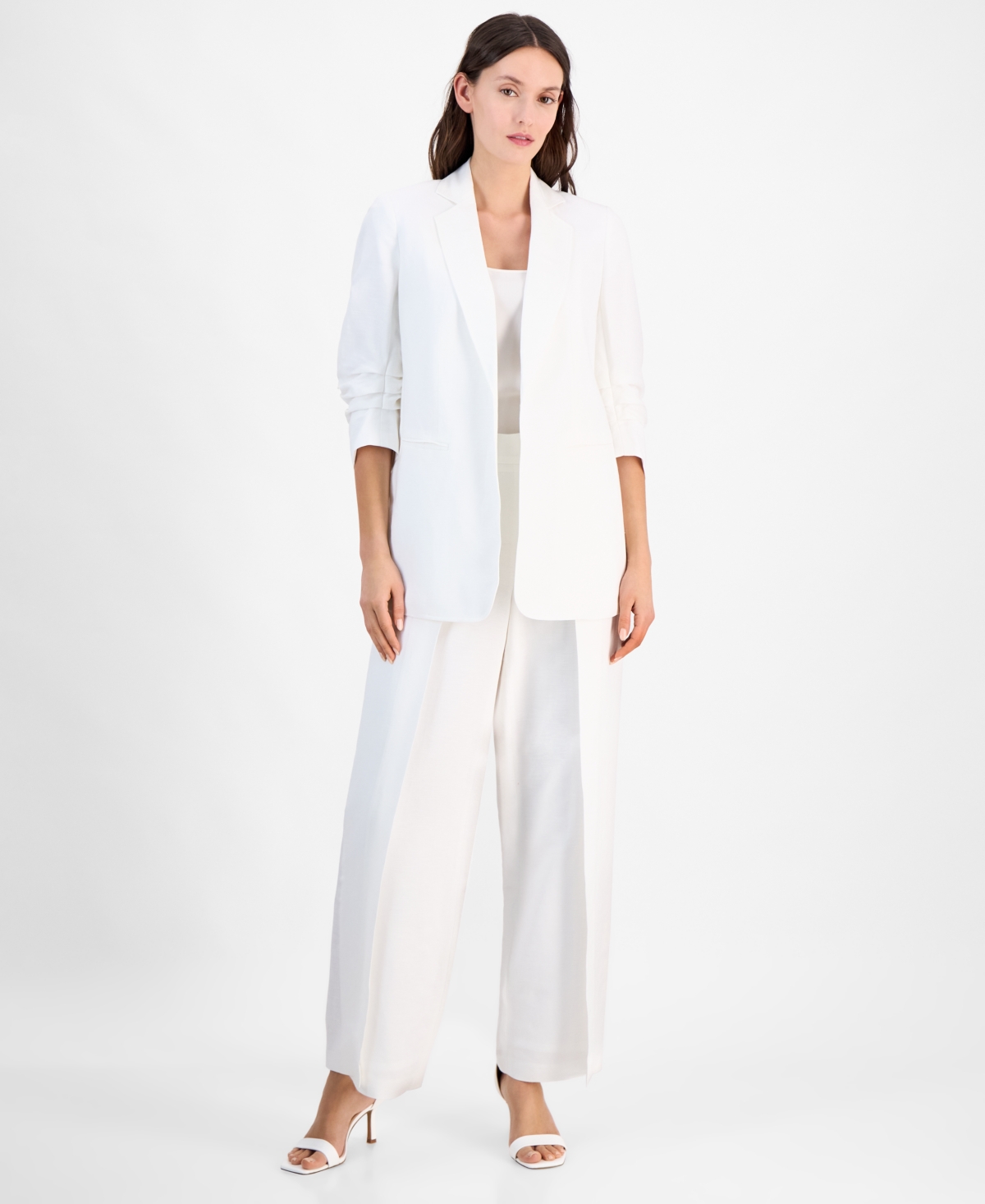 Anne Klein Women's Linen Blend Notch-collar 3/4-sleeve Open Jacket In Bright White