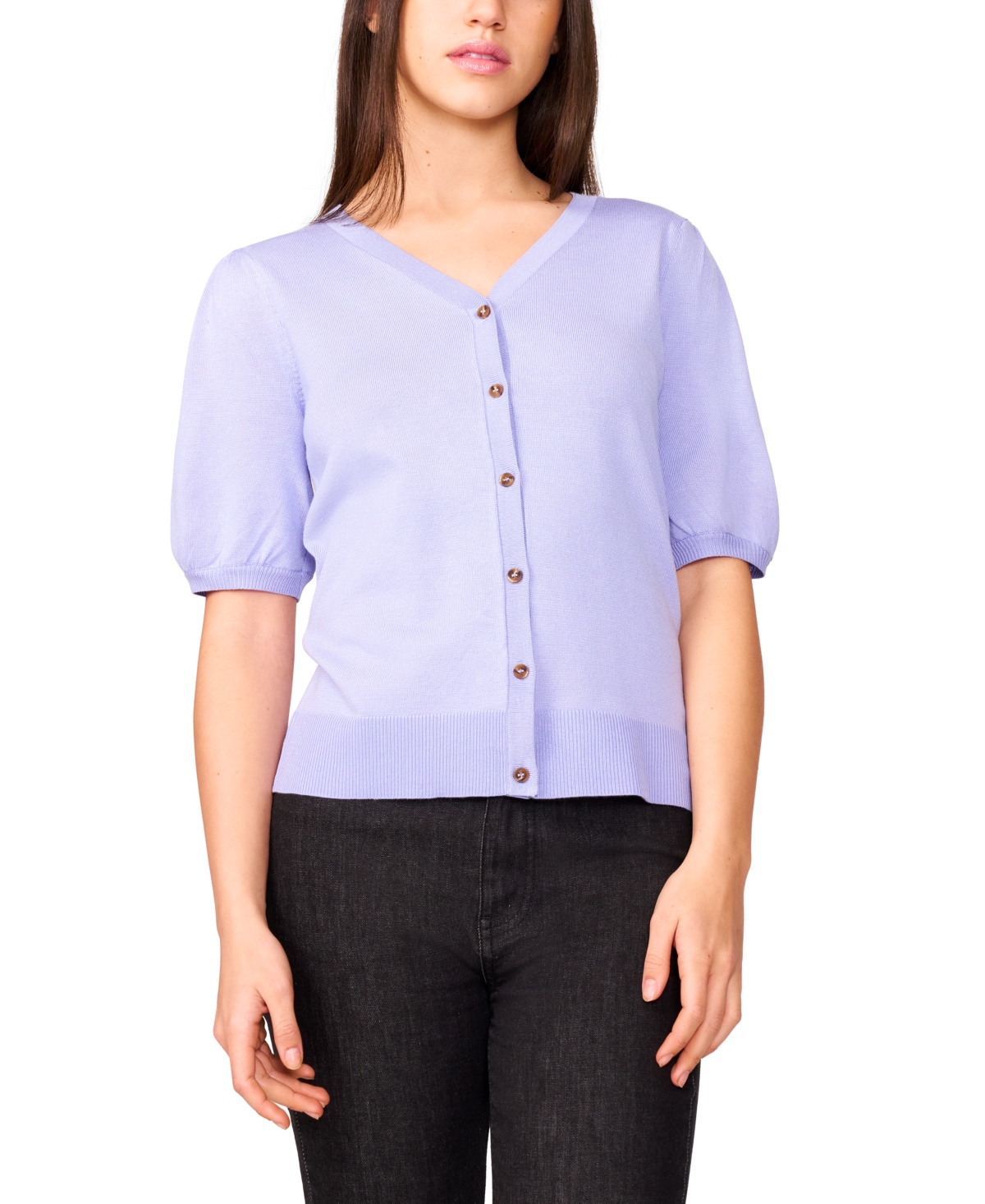 Women's Puff-Sleeve V-Neck Cardigan - Jet Black