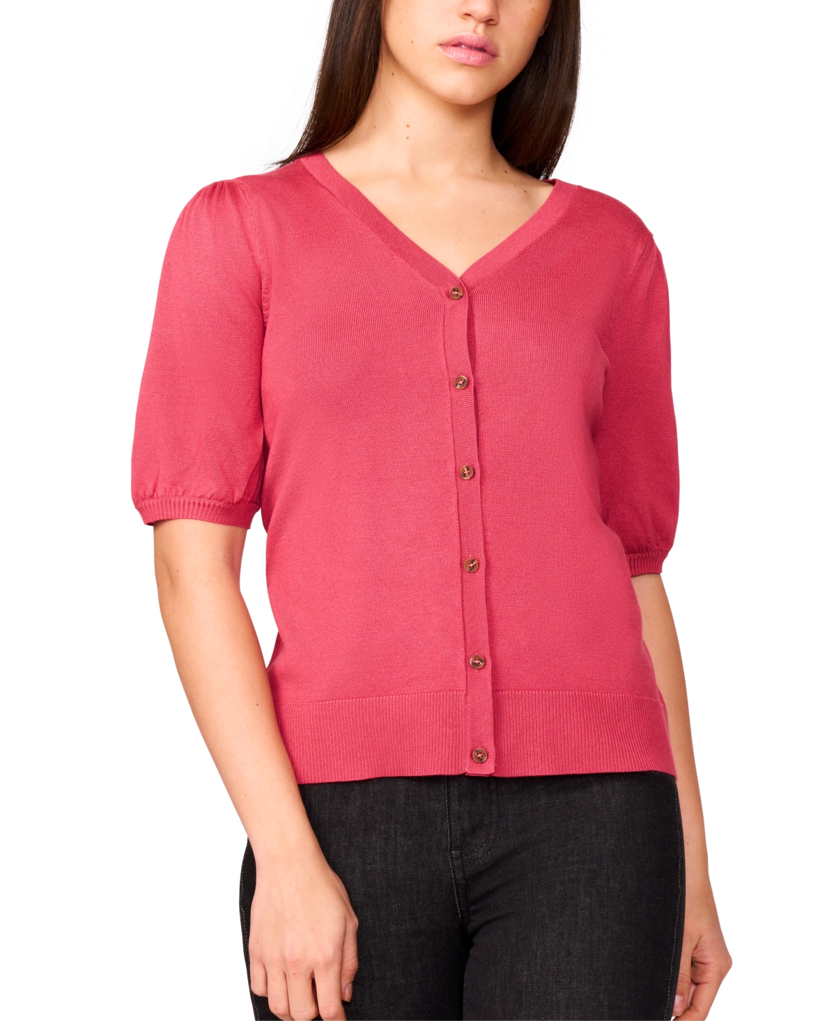 Women's Puff-Sleeve V-Neck Cardigan - Jet Black