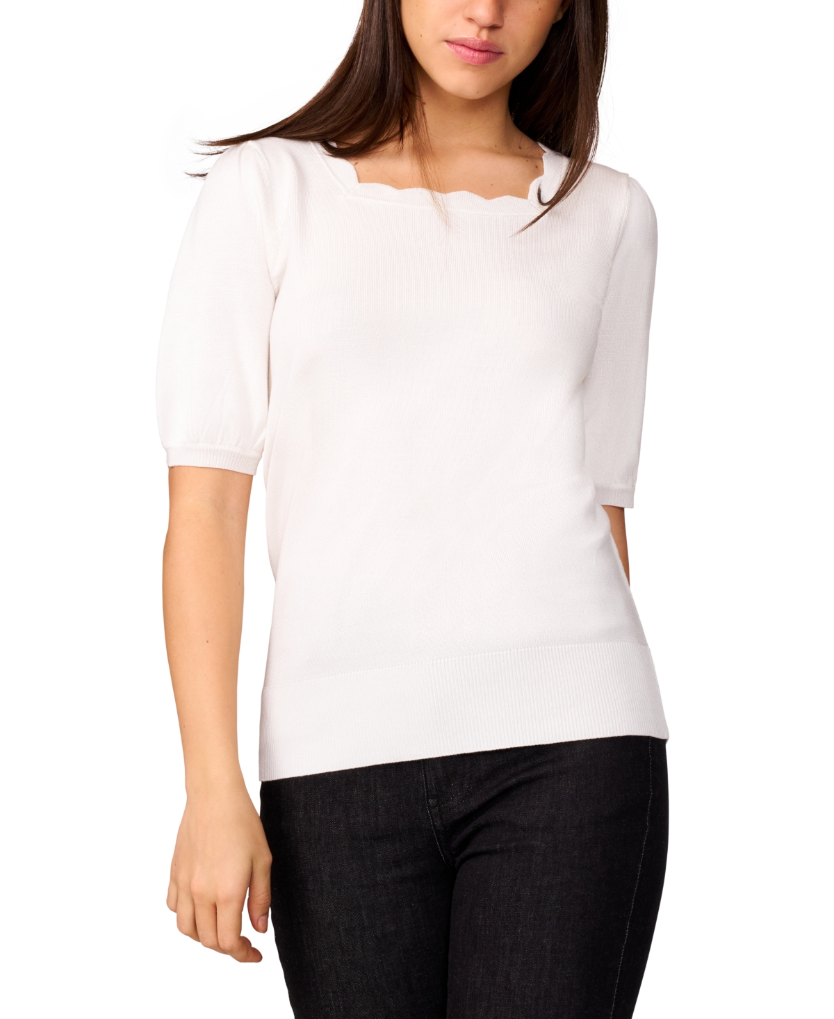 Women's Scalloped Short-Sleeve Sweater - Pepper Green