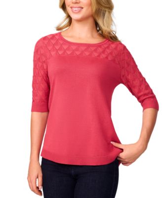 Women's Yoke Wave Stitch Elbow-Sleeve Sweater