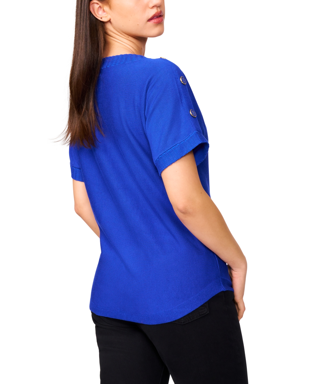 Melissa Paige Petite Button Detail Dolman Short-sleeve Sweater In Blue