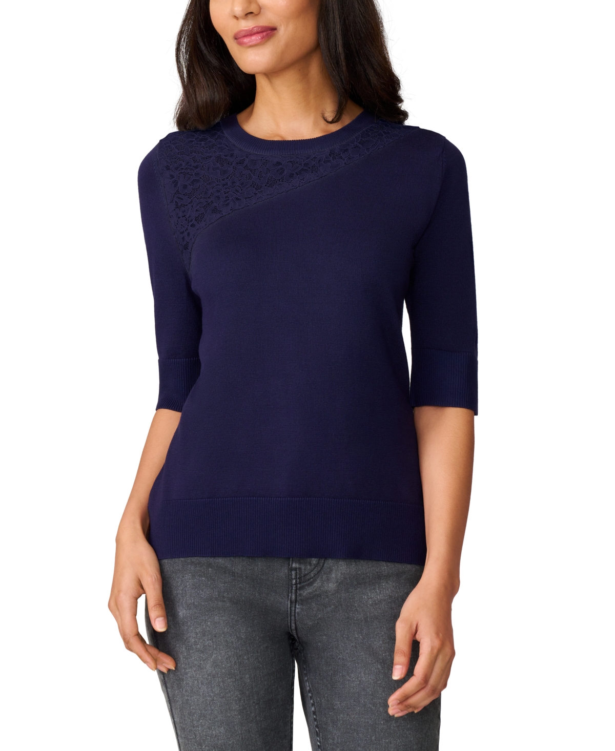 Women's Lace-Panel Elbow-Sleeve Sweater - In The Navy