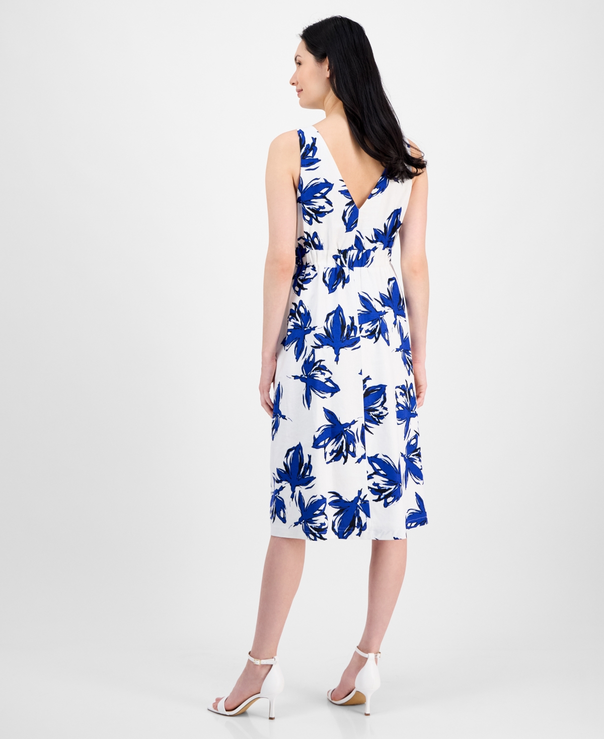 Anne Klein Plus Size Floral-print Linen-blend Fit & Flare Dress In Santorini Blue Multi