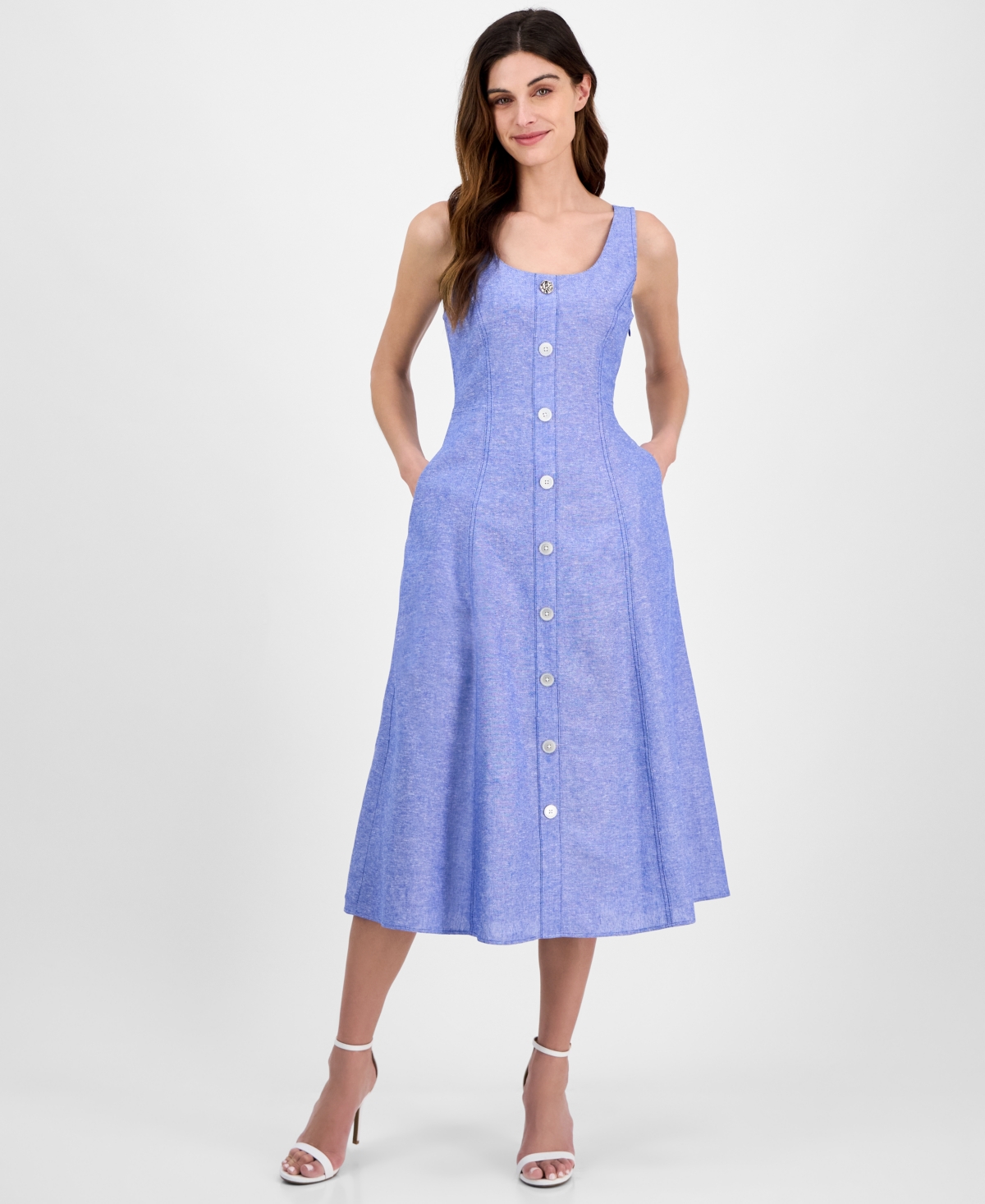 ANNE KLEIN WOMEN'S LINEN BLEND SLEEVELESS BUTTON-FRONT A-LINE DRESS 