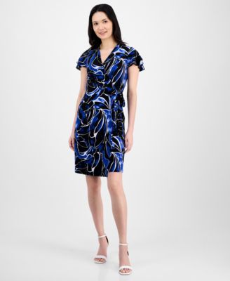 Anne Klein - Women's Faux-Wrap Flutter-Sleeve Floral-Print Dress