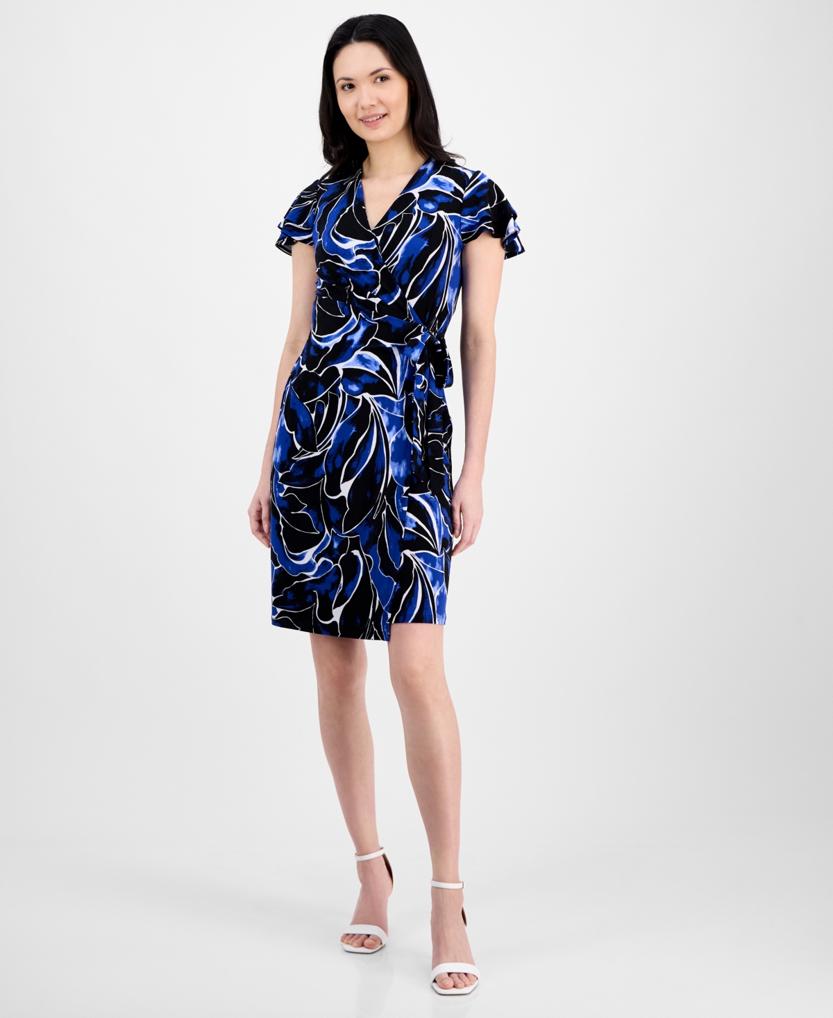 Anne Klein Abstract Print Flutter Sleeve Wrap Dress In Santorini Blue Multi