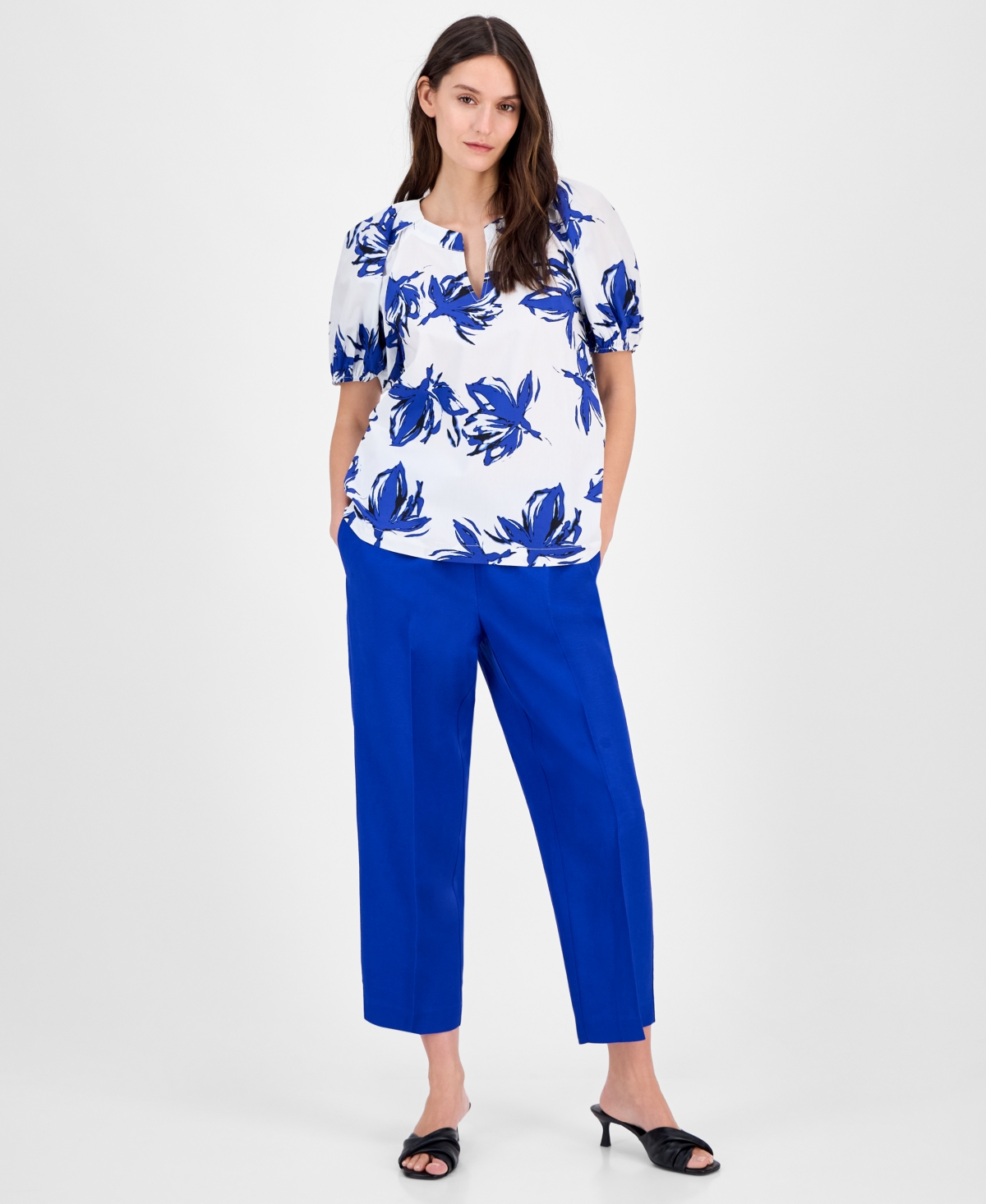 Anne Klein Women's Cotton Printed Puff-sleeve Blouse, Created For Macy's In Bright White,santorini Blue