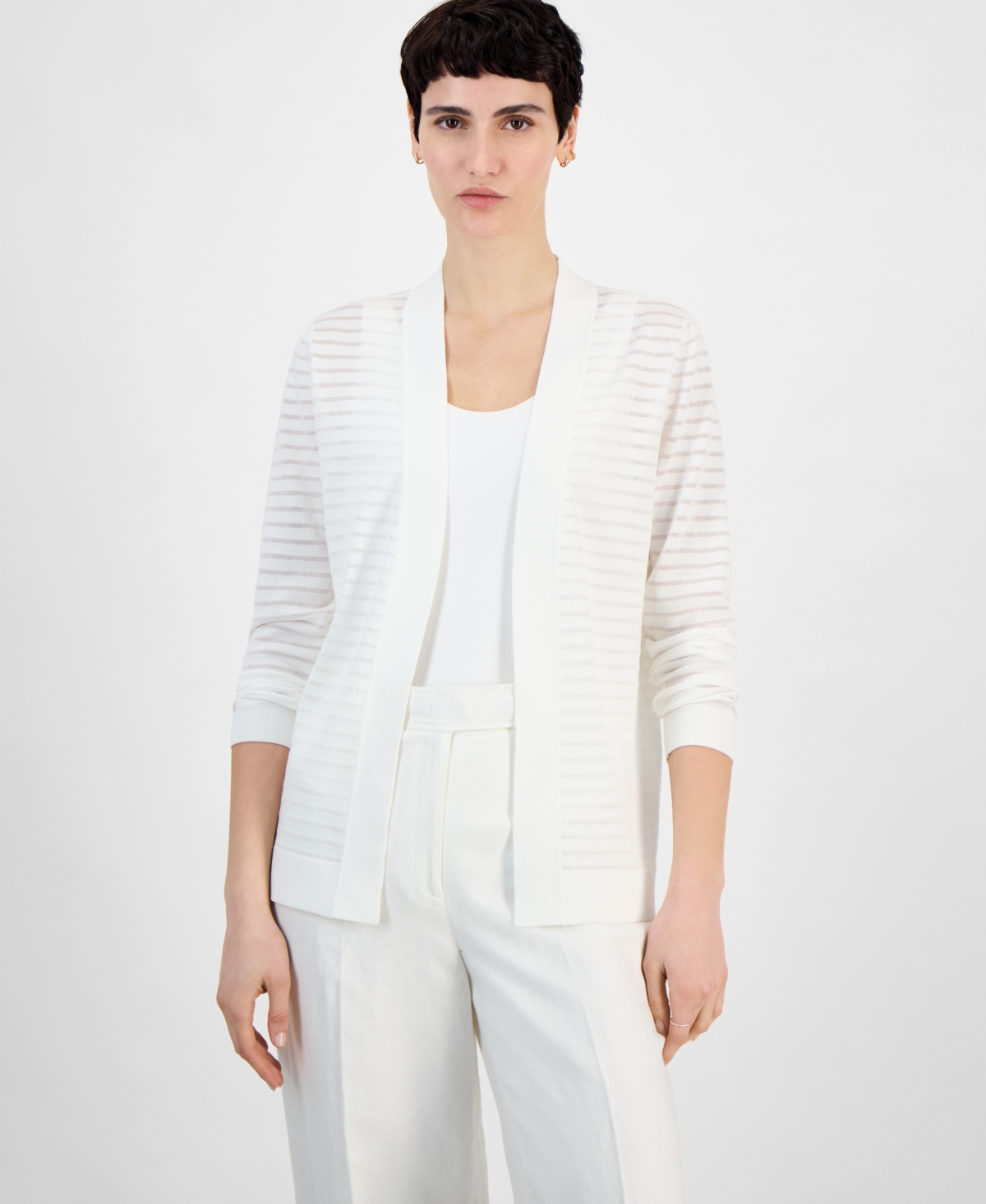 Anne Klein Women's Shadow Stripe Open-front Cardigan In Bright White
