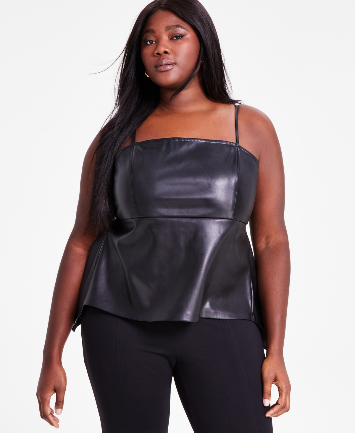 Bar Iii Trendy Plus Size Faux Leather Peplum Top Pull On Slit Hem Pants Exclusively At Macys In Deep Black