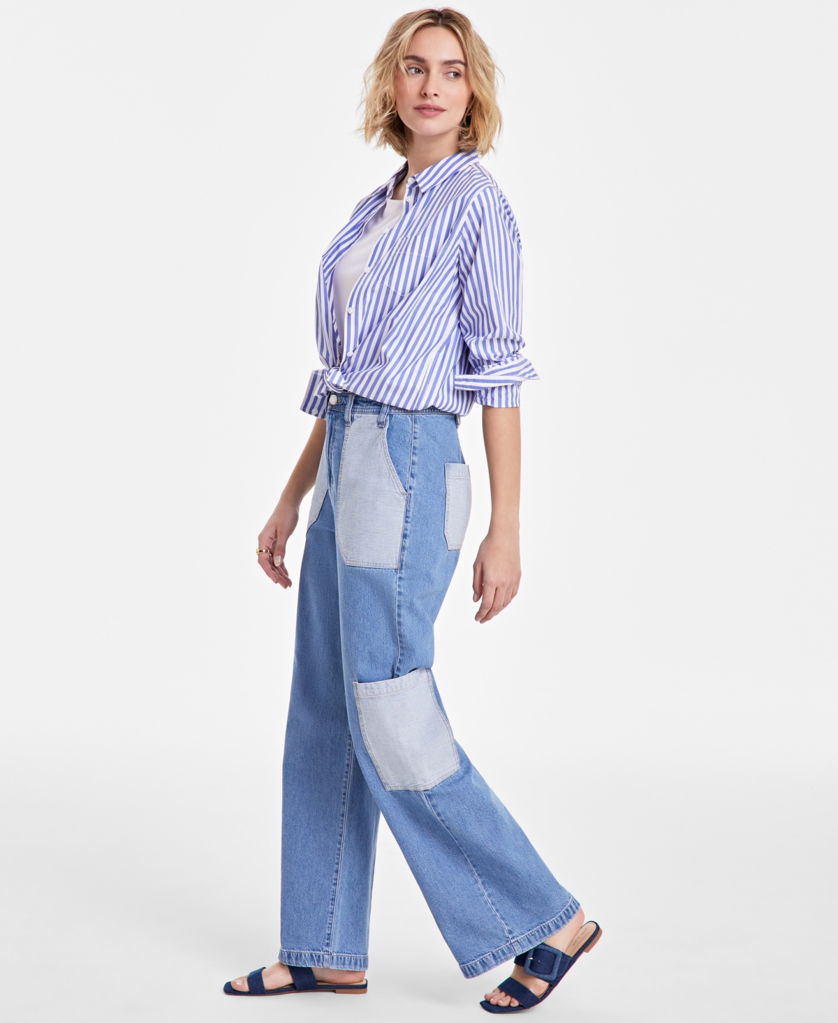 On 34th Women's Two-tone High-rise Cargo Wide-leg Jeans, Exclusively At Macy's In Bright 2 Tone