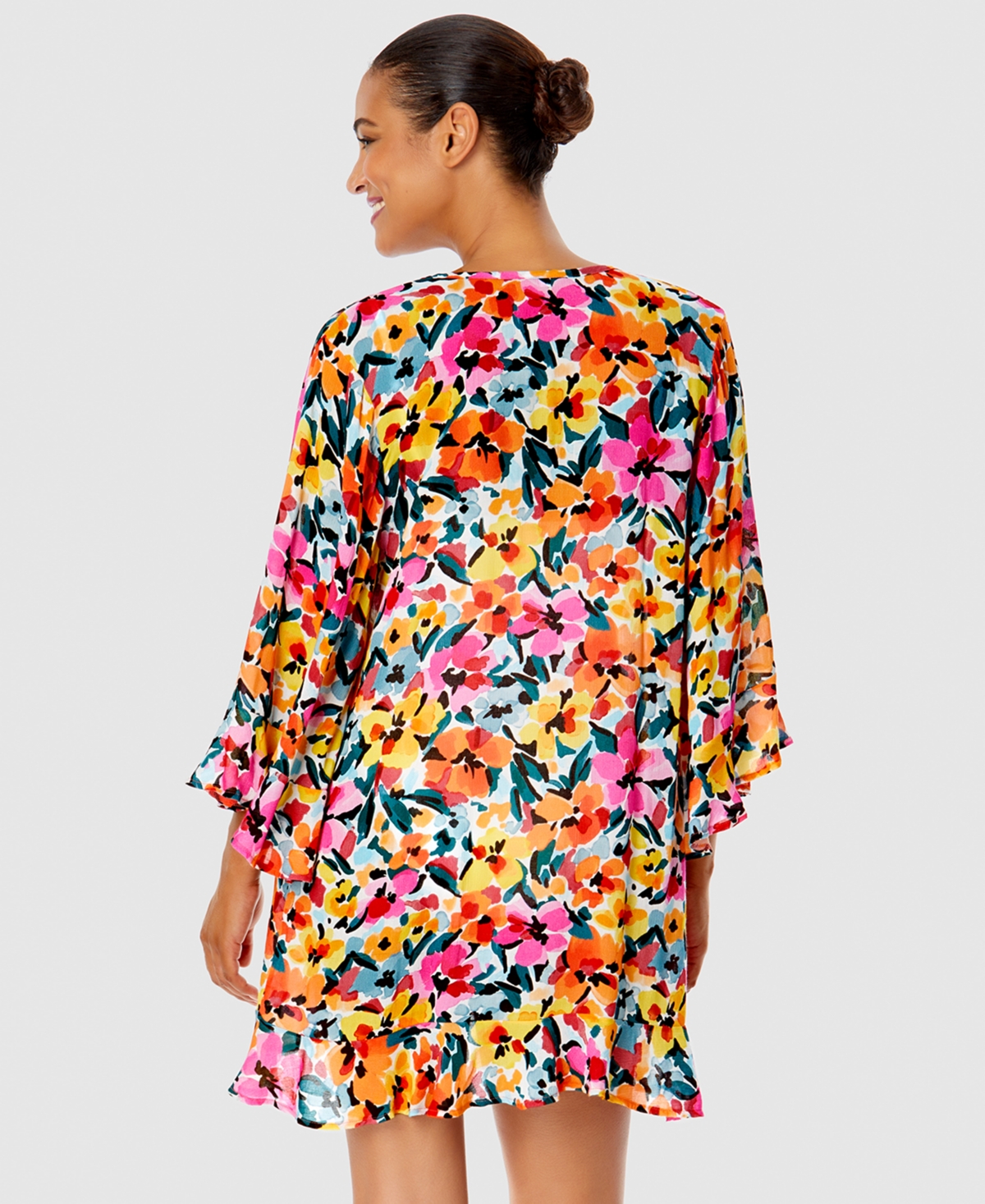 Anne Cole Gradient Floral Flounce V Neck Tunic Swimsuit Cover Up In Multi