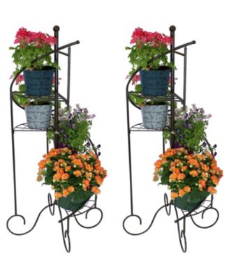 Indoor/Outdoor Iron Metal 4-Tiered Potted Flower Plant Stand with Spiral Staircase Design - 56" - Black - 2pk