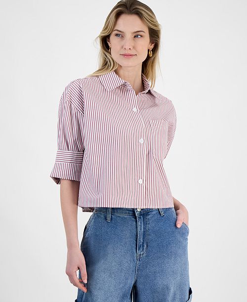 alfani And Now This Women's Cotton Relaxed-Fit Striped Shirt Women's Fashion Shoes & Accessories