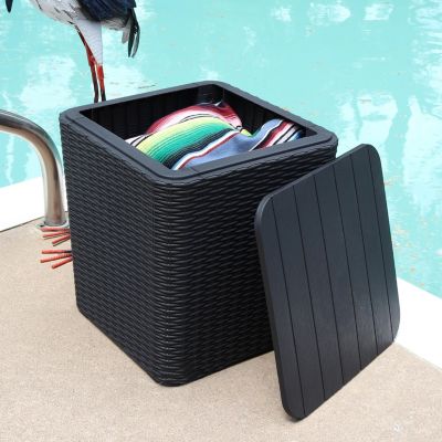 11.5-Gallon Outdoor Deck Box - Weather-Resistant Side Table with Storage for Cushions, Garden Tools, Pool Supplies - Phantom Gray - Faux Rattan