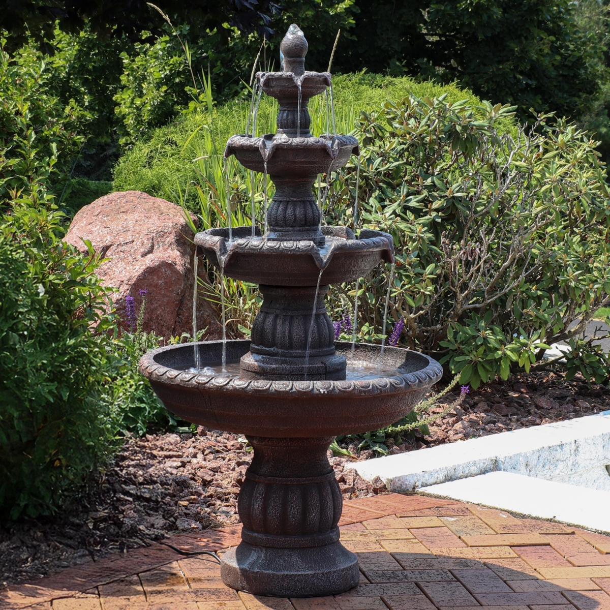 Mediterranean 49-Inch 4-Tiered Outdoor Water Fountain - Electric Submersible Pump - Fiberglass and Resin