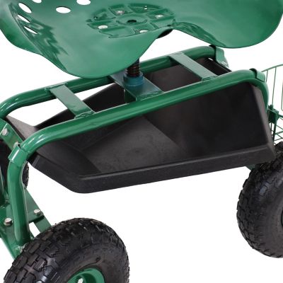 Garden Seat with Wheels - Rolling Garden Stool with Extendable Steer Handle, Swivel Seat and Utility Tool Tray - Green