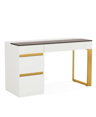 Vanity Desk: White & Gold Makeup Table with Glass Top, 4 Drawers & Visual Storage – Modern Dresser for Bedroom