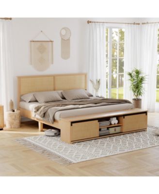 Queen Bed Frame with Natural Rattan Headboard, Platform Bed Frame Queen Size with Storage Headboard