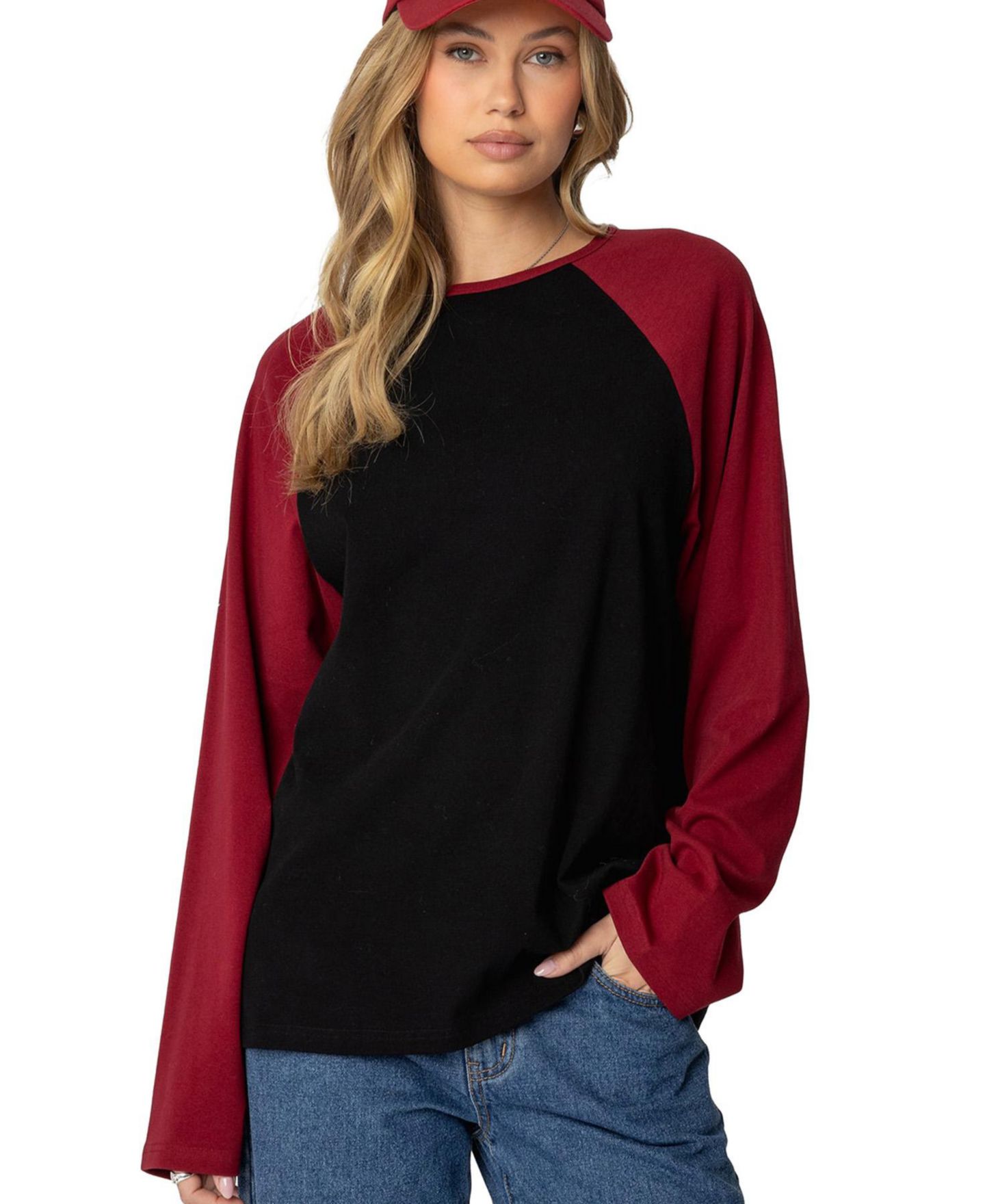 Женская футболка Edikted Oversized Raglan Long Sleeve T, цвет: Чёрный — фото 1