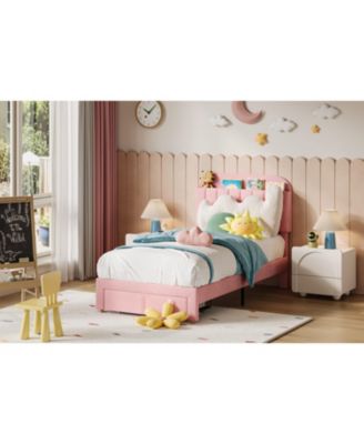 Twin Size Bed Frames with Storage Headboard, Velvet Upholstered Platform Bed Frame with Strong Wooden Slats