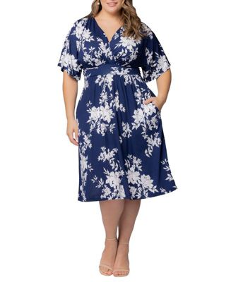 Kiyonna Plus Size Gia A-Line Midi Dress with Pockets - Navy Floral Print - 4X