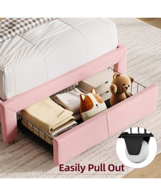 Twin Size Bed Frames with Storage Headboard, Velvet Upholstered Platform Bed Frame with Strong Wooden Slats