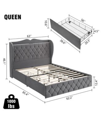 Queen Size Grey Velvet Bed Frame with 4 Convenient Storage Drawers, Wingback Headboard with Charging Station