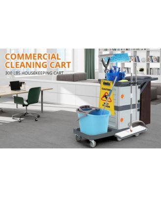 Commercial Janitorial Cart with Cabinet, 3-ply Multi-Purpose Engineered Plastic Housekeeping Car