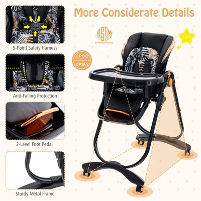 Folding Baby High Chair with Adjustable Height and Recline