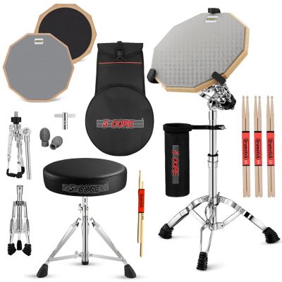 Drum Throne Adjustable Guitar Stool Padded Seat + Drum Practice Pad Snare Drumming Stand