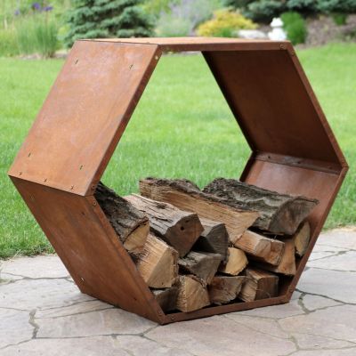 Indoor/Outdoor Heavy-Duty Steel Hexagon Honeycomb Fire Pit or Fireplace Firewood Log Rack Holder - 30" - Oxidized Rust Finish