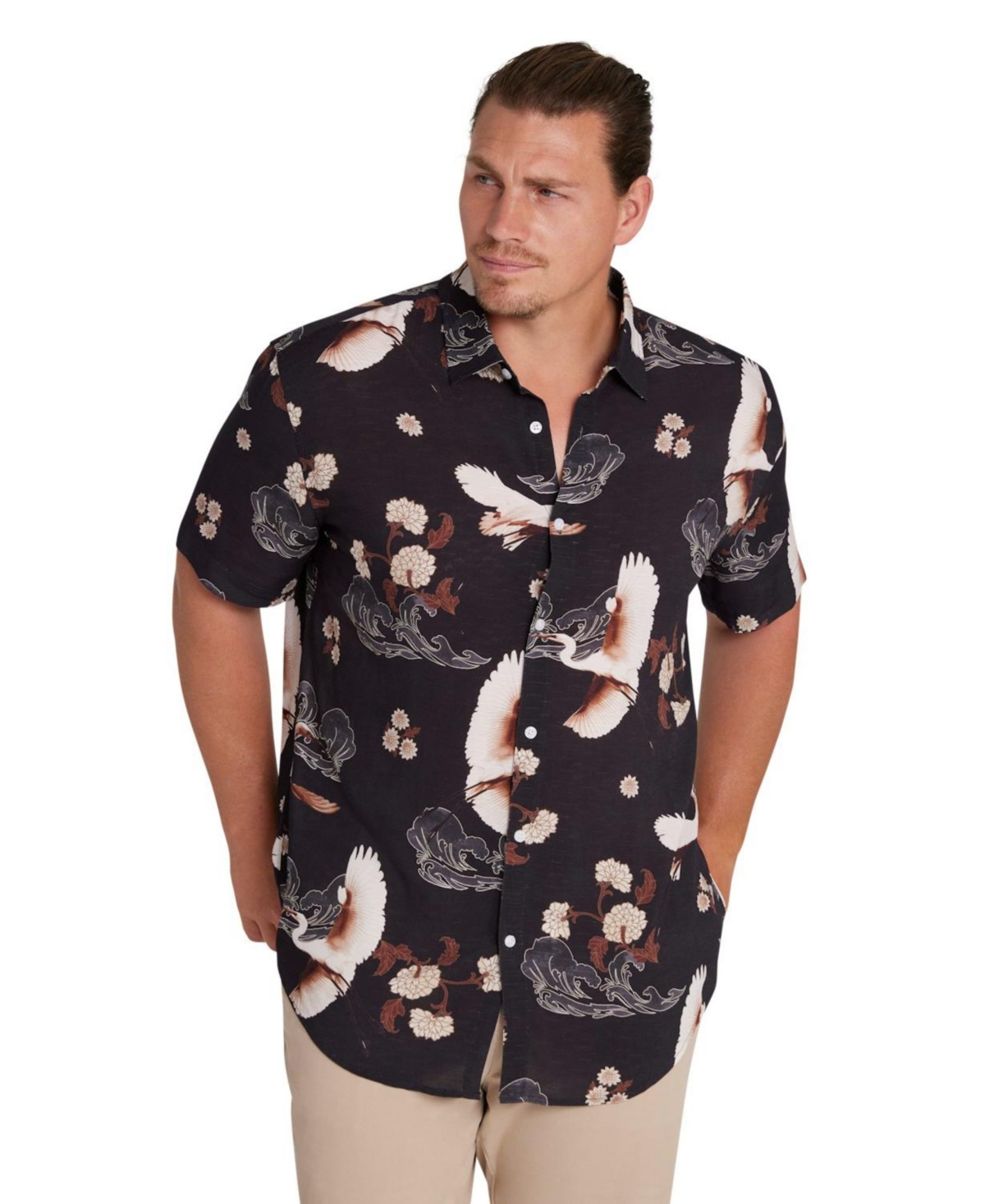 Big & Tall Crane Print Shirt - Navy