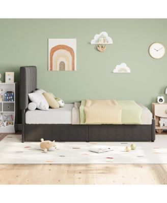 Twin Size Bed Frame with Adjustable Headboard and 4 Storage Drawers, Upholstered Platform Bed Frame