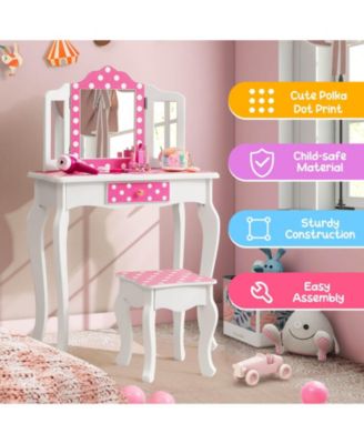Kids Vanity Table and Stool Set with Cute Polka Dot Print