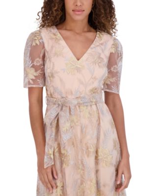 Women's Embroidered Mesh Tie-Waist Midi Dress