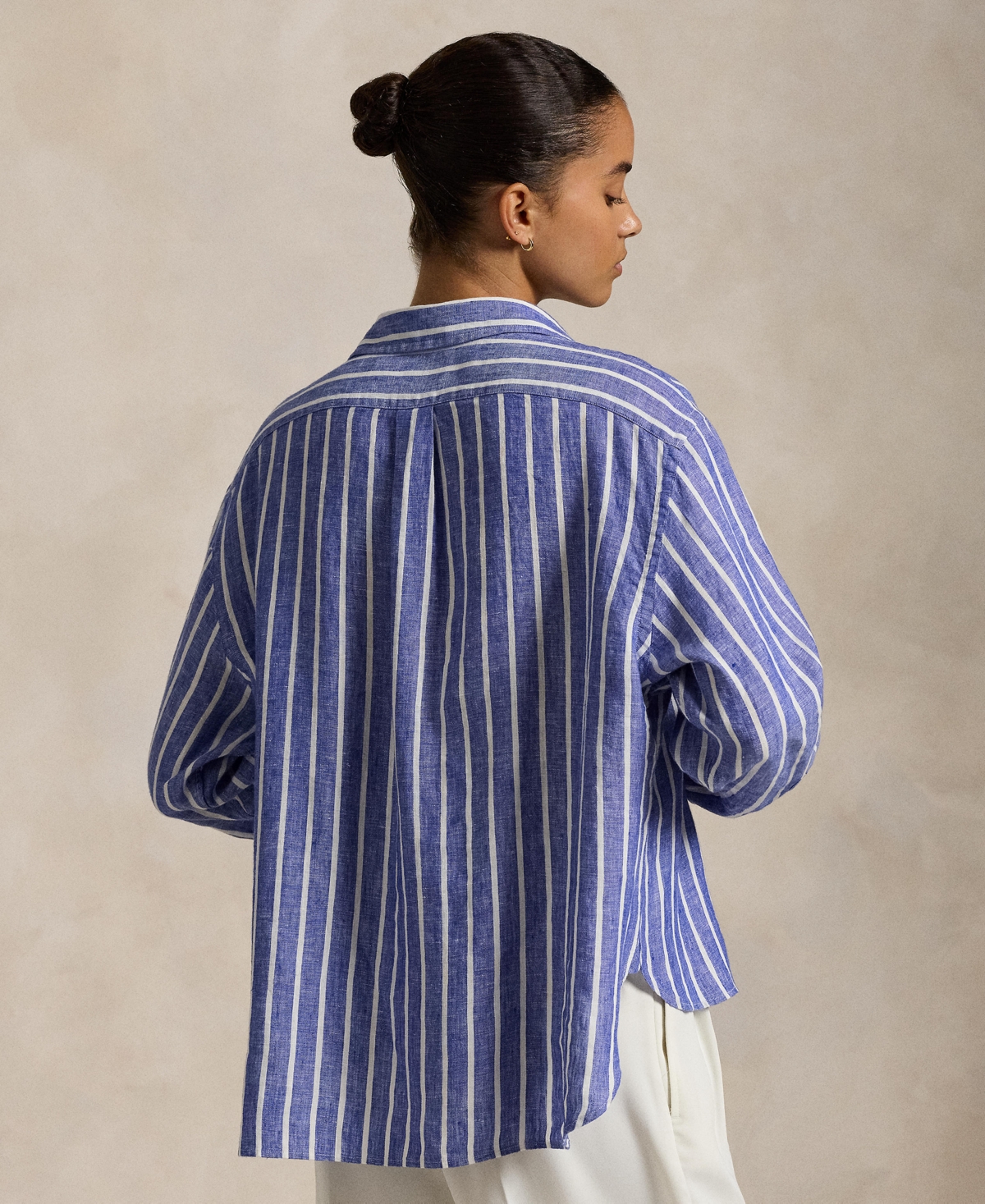 Shop Polo Ralph Lauren Women's Wide Cropped Striped 100% Linen Shirt In Blue White